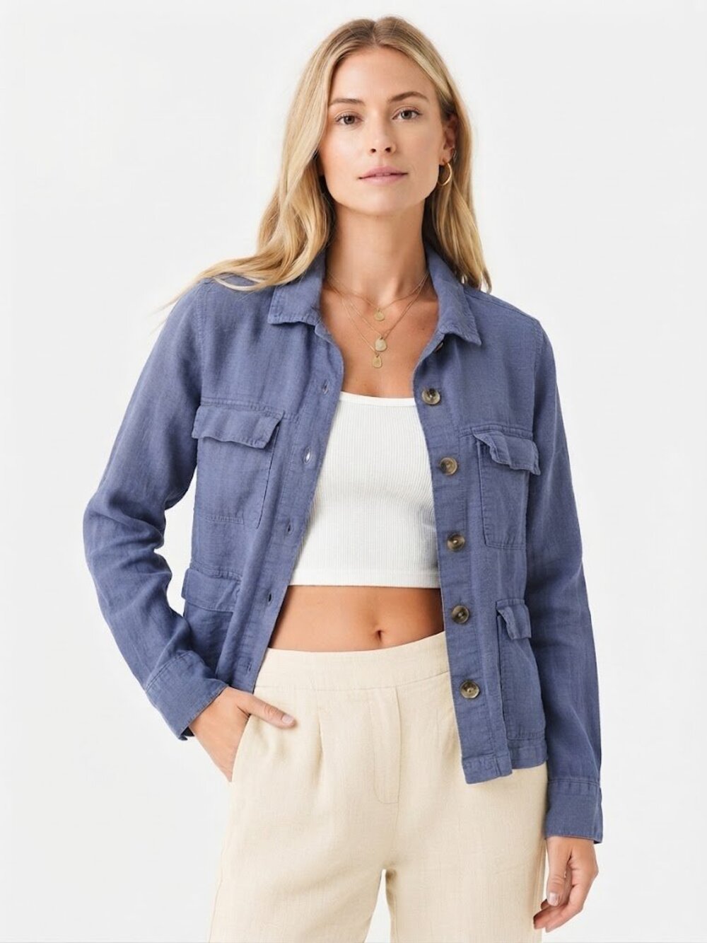 Nicole Miller New York Linen Blend Utility Jacket Slate Blue Size L